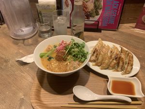 Golden sesame tantan and 12 gyoza  at T's Tantan - JR Ueno in Tokyo