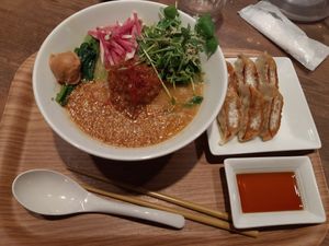 Golden tantanmen with gyoza at T's Tantan - JR Ueno in Tokyo