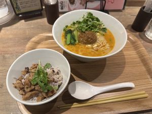 Tan tan noodle with mini bowl char siew bowl  at T's Tantan - JR Ueno in Tokyo