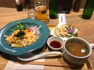 Veggie cod roe udon with vegetable dumplings  at T's Tantan - JR Ueno in Tokyo