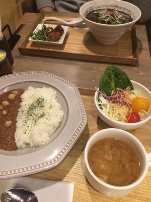Veggie Keema Curry (very spicy) + soup + salad (included) & black sesame tantan with soy “pork” (extra). Total was about 2000¥.  at T's Tantan - JR Ueno in Tokyo