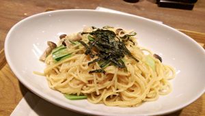 Spaghetti with Vegan Tarako Sauce - this dish is amazing! Creamy, umami and tasty! Triple threat! Only available at the Ueno station location. at T's Tantan - JR Ueno in Tokyo