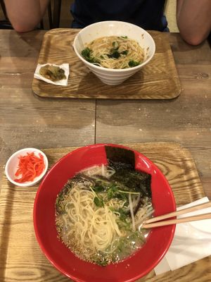 Gold-sesame tantan (top) veggie-tonkotsu ramen (bottom) - both already mixed up at T's Tantan - JR Ueno in Tokyo