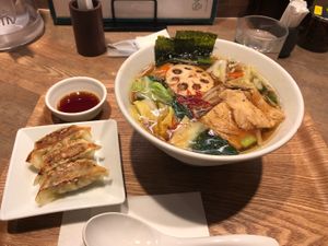 Soy Sauce and Winter Vegetables Ramen w/ Gyozas at T's Tantan - JR Ueno in Tokyo