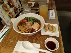 Shouyu ramen with gyoza and yellow juice at T's Tantan - JR Ueno in Tokyo