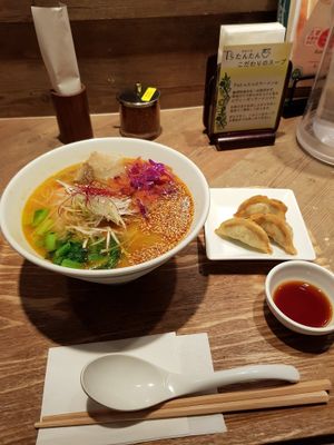 Golden sesame ramen and gyoza at T's Tantan - JR Ueno in Tokyo