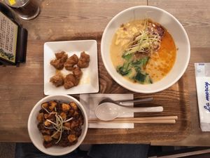 White sesame ramen with soy meat and mapo tofu. at T's Tantan - JR Ueno in Tokyo