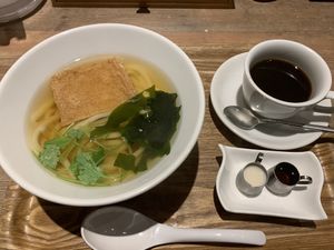 Morning Dashi-Udon Set with Coffee. Only ¥510 at T's Tantan - JR Ueno in Tokyo