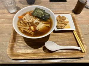 Shoyu ramen with soy meat side at T's Tantan - JR Ueno in Tokyo