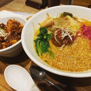 Golden sesame tantan with a small bowl of mapo tofu at T's Tantan - JR Ueno in Tokyo