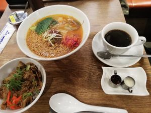 Golden ramen with "beef" and rice on the side at T's Tantan - JR Ueno in Tokyo