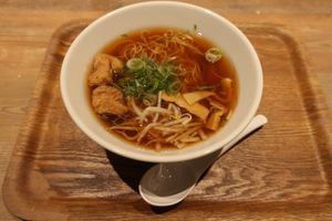 Breakfast ramen with spring onions, bamboo shots, spring onions and soy meat at T's Tantan - JR Ueno in Tokyo