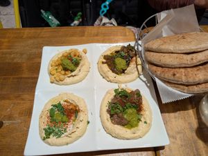 Hummus sampler at Hummus Place - Upper West Side in New York City