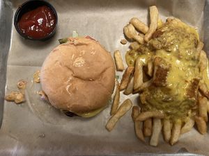 Southwest burger, chili cheese fries  at Ale Mary's Beer Hall in Royal Oak