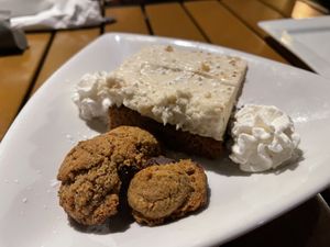 Carrot cake with gluten free(?) chocolate chip cookies   at Ale Mary's Beer Hall in Royal Oak