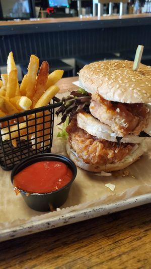 Vegan Triple Decker with Hot Honey Chicken & Korean Shrimp at Ale Mary's Beer Hall in Royal Oak