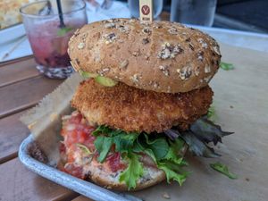 Peach mango chicken sandwich (vegan & a special) at Ale Mary's Beer Hall in Royal Oak