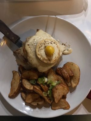 Delicious Croque Madame (the wedges are so good) at Mythology in Toronto