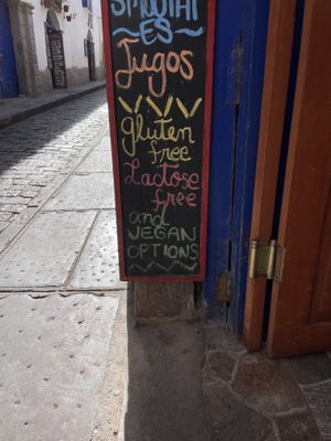 Vegan options on the sign   at Qucharitas in Cusco