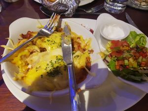 Vegan lasagne with side salad at Fullbrook's Bistro in Pontyclun