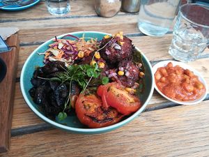 CORN & JALAPENO FRITTERS - With side of beans at Yonder in Queenstown