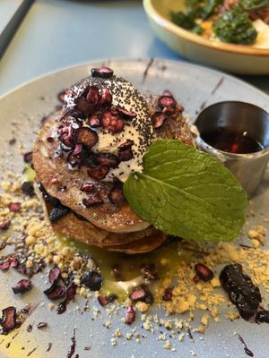 Lemon blueberry vegan gluten free pancakes were amazing.  at Yonder in Queenstown