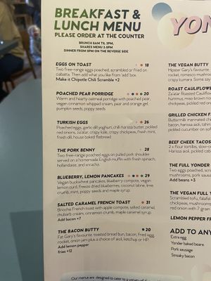 Menu  at Yonder in Queenstown