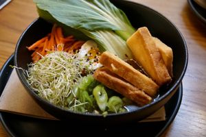 Vegan option Ramen with vegan eggs - yum :) at Yonder in Queenstown