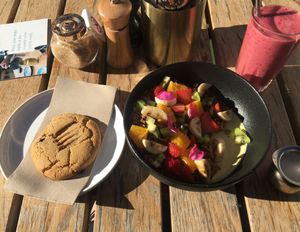 granola with soya milk, mixed berry smoothie and vegan cookie  at Yonder in Queenstown