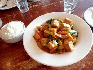 Coconut rice and satay tofu at Toronthai in Toronto