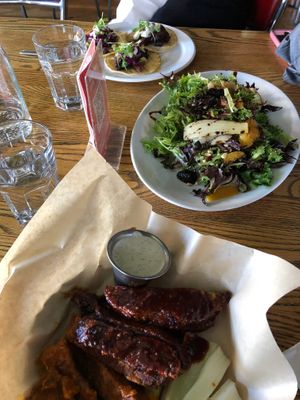 buffalo and bbq seitan wings, summer citrus salad, bbq burnt ends tacos  at City O' City in Denver