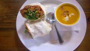 Carrot Ginger soup with Buff Wrap at City O' City in Denver. at City O' City in Denver
