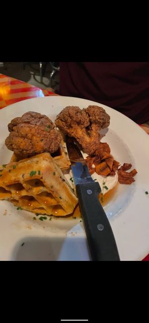 Fried cauliflower and waffles with carrot bacon at City O' City in Denver