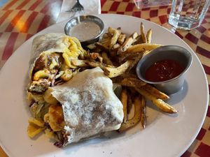 BBQ mac wrap with fries - seitan chicken that was delicious  at City O' City in Denver