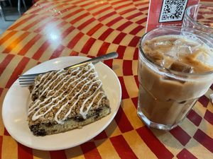 Coffee cake and iced orange mocha latte w/ oat milk  at City O' City in Denver