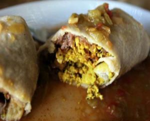 vegan breakfast burrito: scrambled tofu with potatoes and pinto beans smothered with green chile or gravy at City O' City in Denver