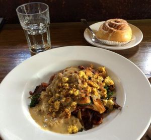 tempeh bacon hash with gravy and sweet potato cinnamon roll at City O' City in Denver