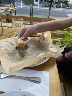 Soft pretzel with vegan cheese dip  at City O' City in Denver