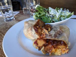 BBQ Mac Wrap (seitan) and mixed greens (vegan) at City O' City in Denver