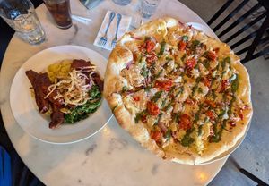 BBQ bowl with tofu and seitán (left), Sausage and Pesto Pizza with cashew cheese (right) at City O' City in Denver