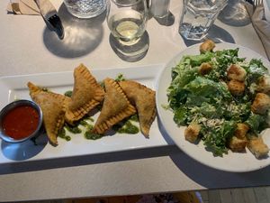 Fried ravioli and Caesar salad. Both vegan at City O' City in Denver