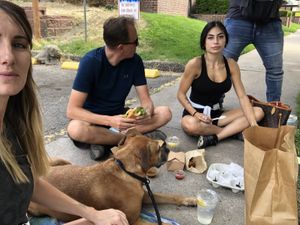 Eating in the street as we were not allowed on the patio with the dog.  at City O' City in Denver