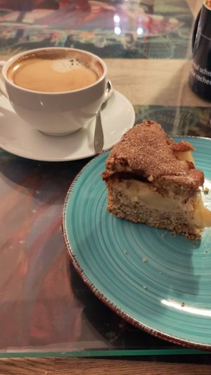 Coffee and vegan apple pie at Cafe Augustin in Lindau