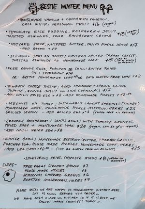 Winter 2023 food menu at Bestie Cafe in Auckland