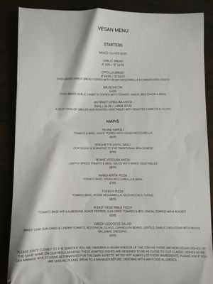 Vegan menu at Zambretto Italian - Old Sneddon St in Paisley