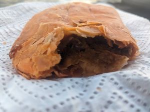 Flakey and delicious vegan red bean patties. Kyng Sharlo packed extras for the road to take with us to the beach.  at Ini Ital Rastarant in Negril