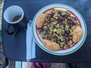 Bush tea and rasta pasta (vegan) with cornmeal biscuits for lunch. at Ini Ital Rastarant in Negril