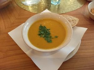 A lovely pumpkin sweetpotato soup with herb topping - delicious... at Hammam Basar in Zurich