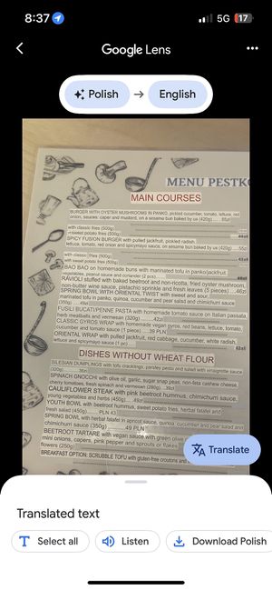 Translated menu  at Klubokawiarnia Pestka in Czestochowa