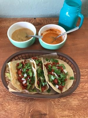Delicious taco combo.  Soy tacos al pastor.  Housemade salsas and agua del dia.  Very good! at Veggie Happy in Queretaro
